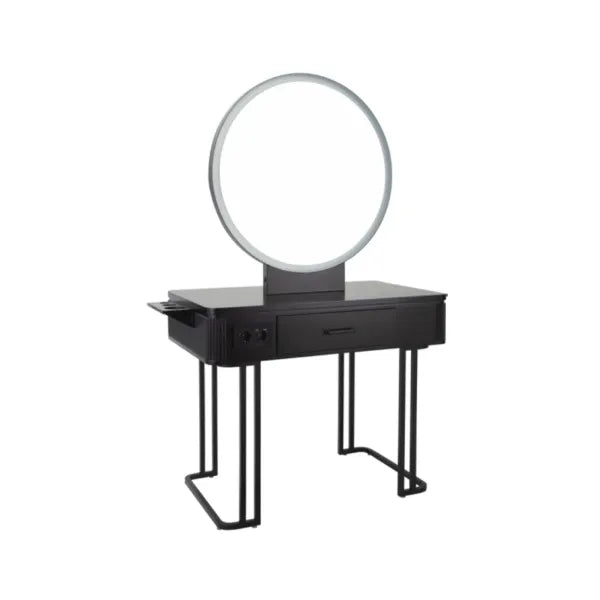 Friseur-Bedienplatz Nicole freistehend mit LED-Rundspiegel, schwarzes MDF-Kabinett, Metallrahmen, Ablage, USB-C/USB