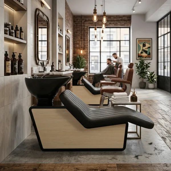 Modernes schwarzes Rückwärtswaschbecken mit Keramikschale und ergonomischer Liege im industriellen Friseursalon-Design.