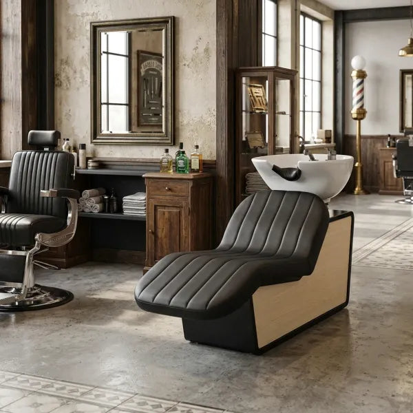 Modernes Rückwärtswaschbecken mit Keramikschale und komfortablem Liegesitz für Barbershop und Friseursalon.