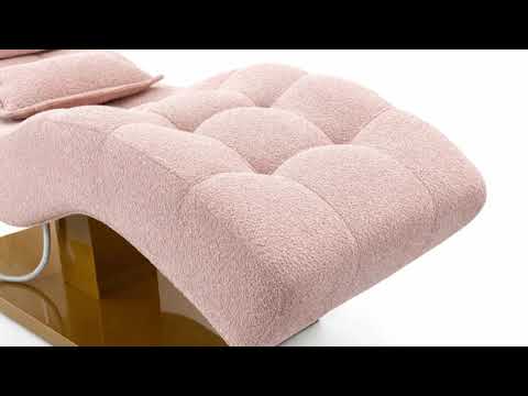 Premium Elektrische Massageliege ELEMENT mit rosa Polsterung, 1 Motor, verstellbar, Recliner-Design auf goldener Basis.