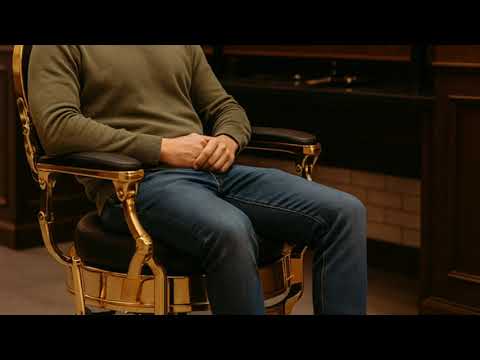 Eleganter 3er Set Barber stuhl in Schwarz-Gold, Herren Friseurstuhl Larry, ideal für moderne Barbershops.