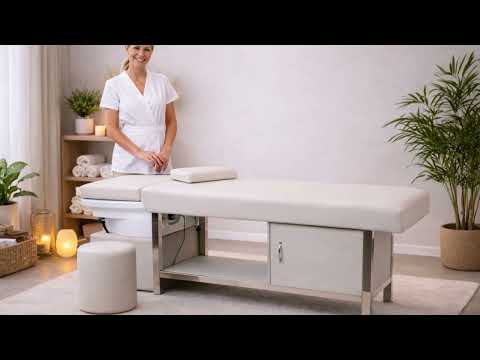 Beige Kopfspa-Liege mit Keramik-Waschbecken und Edelstahlrahmen