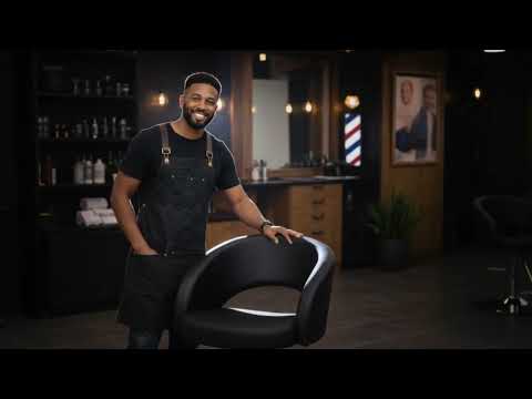 Luxuriöses 3er set Friseurstuhl in eleganter Schwarz-Farbe, Sarahm mit runder verchromter Metallbasis für Salons.