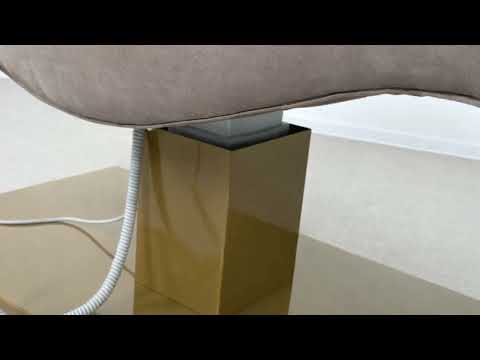 Elektrische Kosmetikliege mit zwei Motoren, beige Polsterung, verstellbare Liegefläche, goldener Standfuß