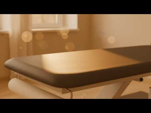 Electric therapy table PRO 201, gray, two-section with backrest to +80°, height 43.5–90.5 cm, hand switch.