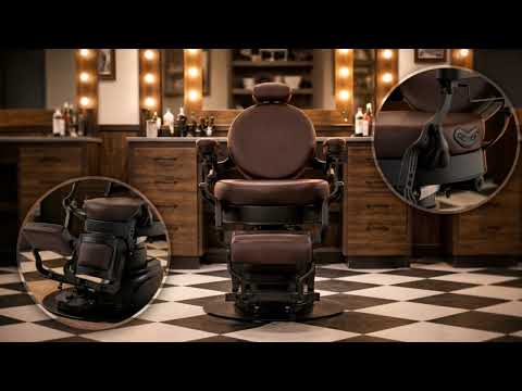 Volt Braun barber chair with electric height adjustment, electric footrest, foldable arms in brown leather.