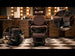 Volt Braun barber chair with electric height adjustment, electric footrest, foldable arms in brown leather.