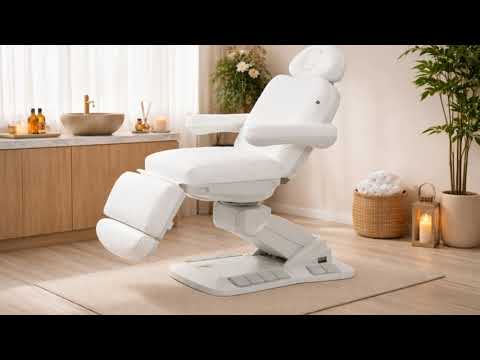 Drehbarer Elektrische Kosmetikliege mit 4 Motoren, Behandlungsliege in Weiß, Kosmetikstuhl Tella für komfortable Behandlungen.