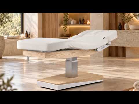 Elektrische Spa-Kosmetikliege mit weißem Polsterer, warmer Holzoptik, Heizung und 3 Motoren für flexible Anpassung im Wellnessbereich.