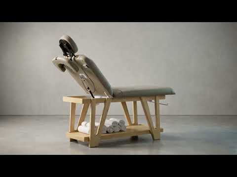 Massageliege Serr aus Holz, 2-Zonen, Kopfteil & Armlehnen, beige Polster, Ablageboden.