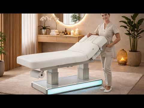 Elektrische Massageliege mit Heizfunktion und LED, Massagetisch mit 4 Motoren, Behandlungsliege Muse in Weiß