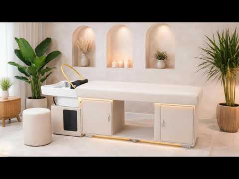 Beige Head Spa Liege mit Keramik-Waschbecken - SIMPLY-D Kopfhaut-Wellness im Salon