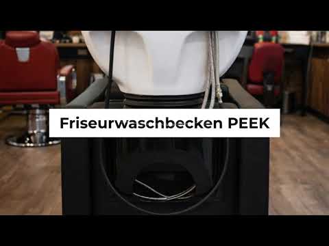 Schwarzer Friseurstuhl mit PEEK+ Rückwärtswaschbecken und manueller Fußstütze