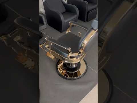  Herren Friseurstuhl, Barberstuhl Vintage Mae in Gold-Schwarz mit hydraulischer Pumpe