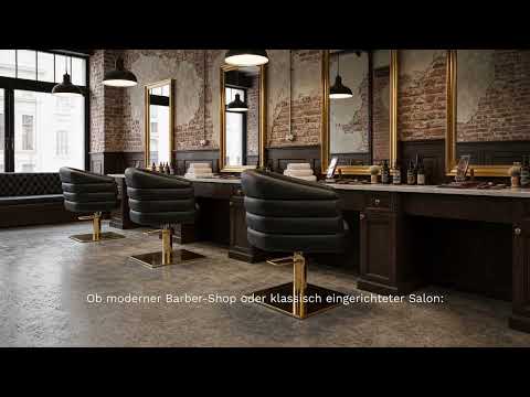 Schwarzer Friseurstuhl mit gestepptem Design, Armlehnen und glänzend goldener Hydraulik-Säule für professionelle Salons.