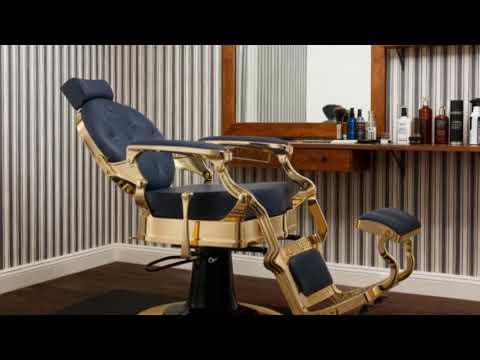 Eleganter Barber stuhl in Gold und Blau, Herren Friseurstuhl Buzz, Barbershop stuhl