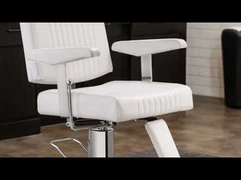 Weißer Barberstuhl SEREN, hydraulisch, drehbar, mit Armlehnen und Fußstütze auf verchromter Rundbasis