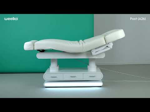 Elektrische Massageliege mit Heizfunktion, 4 Motoren, LED, weiße Wellnessliege mit Holzfuß und Schubladen