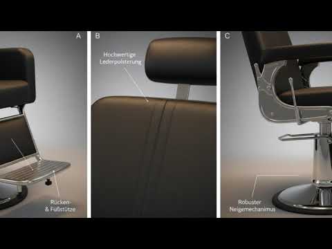 Luxuriöser Friseurstuhl Noor mit verstellbarer Rückenlehne, feuerhemmende PU-Lederpolsterung, runder Chromfuß.