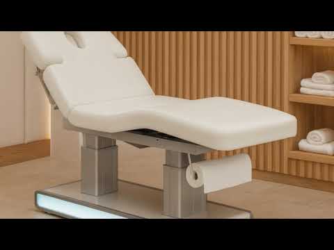 Elektrische Massageliege Weiß mit LED-Untergestell, Doppelständer, verstellbare Rückenlehne und Heizfunktion.