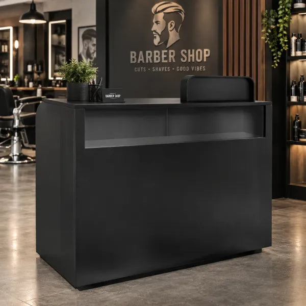Moderner schwarzer Friseur-Rezeptionstisch mitintegrierter Vitrine, LED-Beleuchtung und Schubladen für Barbershop und Studio.
