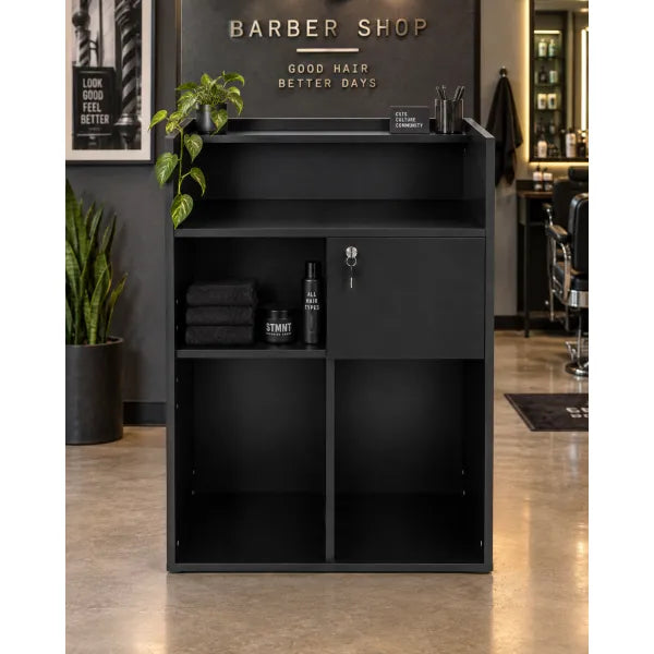 Schwarze Friseur-Rezeption mit Stauraum und Schloss für Barber Shops. Kompakt, modern und funktional im Salon-Design.