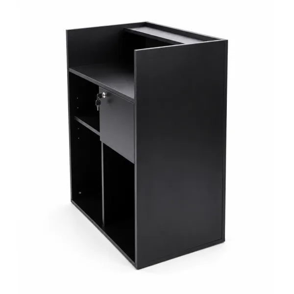 Moderne schwarze Friseur-Rezeptionstheke mit ABS-Schrank für Barber Shop. Kompakt, mit Stauraum und Schloss.