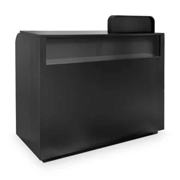 Schwarze Friseur Rezeption mit integrierter Produktvitrine, LED-Beleuchtung und Schubladen für moderne Salons.