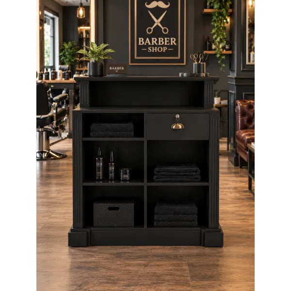 Schwarze Barber Empfangstheke mit praktische Stauraumfächern,抽屉 und goldenem Griff im Friseur Studio.