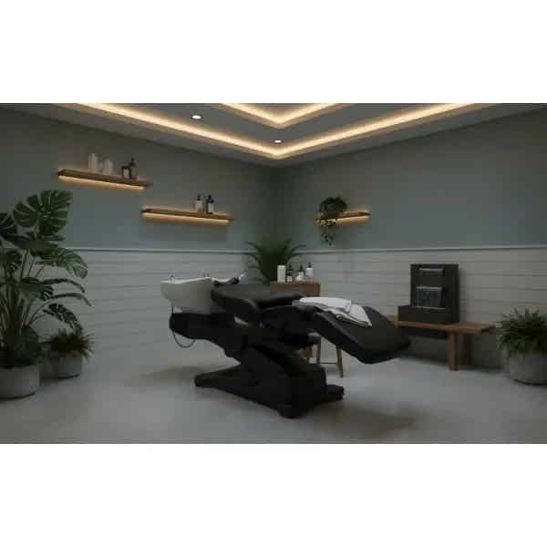 Headspa Liege Wellness Satori mit weißem Waschbecken, drehbare professionelle Spa-Behandlungsliege.