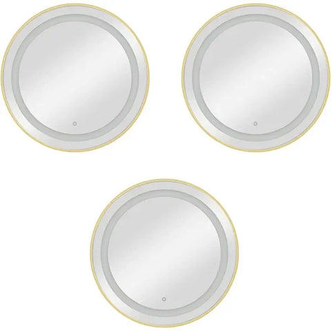 3er-Pack Friseur Bedienplatz mit Dimmer, LED-Beleuchtung, Friseurarbeitsplatz Bree in modernem Goldrahmen, 80 cm Durchmesser