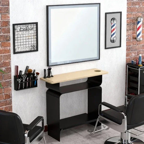 Eleganter Friseur Bedienplatz mit LED-Beleuchtung, Friseurarbeitsplatz Dafne, aus schwarzem Metall und Holz.