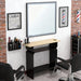Eleganter Friseur Bedienplatz mit LED-Beleuchtung, Friseurarbeitsplatz Dafne, aus schwarzem Metall und Holz.