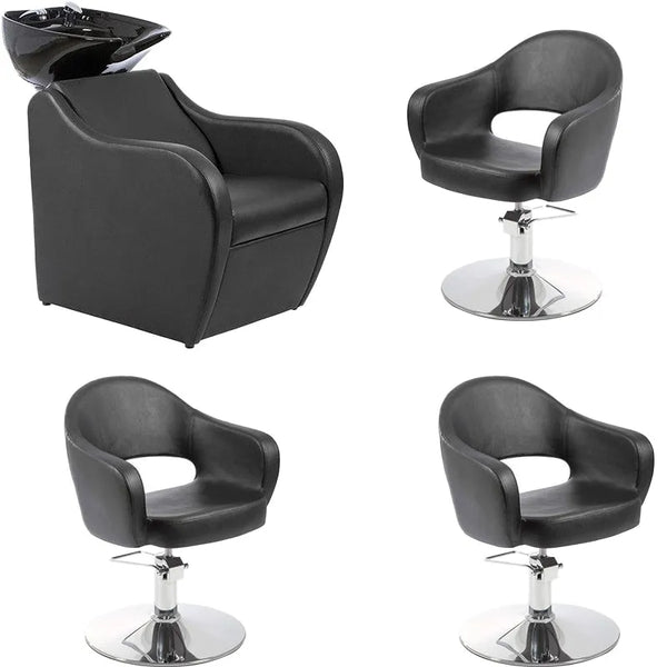 Friseurstuhl Set: 3x Schwarze Mop-Stühle & 1x Ergonomisches Friseurwaschbecken Faid in Schwarz - Tiptop - Einrichtung