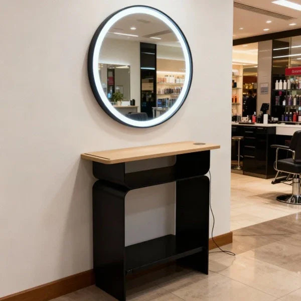 Eleganter Friseur Bedienplatz mit LED-Beleuchtung, Friseurarbeitsplatz Dafne, aus schwarzem Metall und Holz.