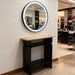 Eleganter Friseur Bedienplatz mit LED-Beleuchtung, Friseurarbeitsplatz Dafne, aus schwarzem Metall und Holz.