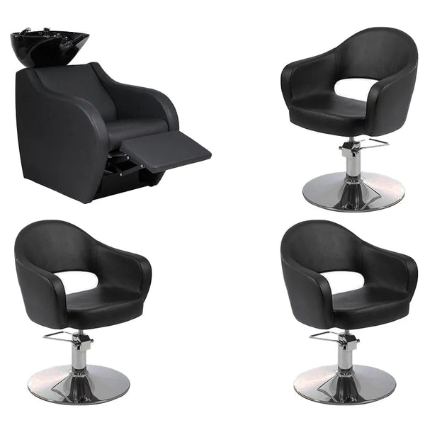 Friseursalon Set: 3x Schwarze Mop Stühle & 1x Ergonomisches Waschbecken Metri mit elektrischer Fußstütze - Tiptop - Einrichtung