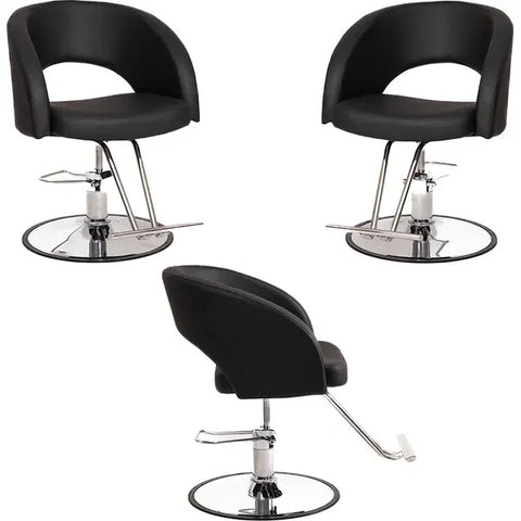 Luxuriöses 3er set Friseurstuhl in eleganter Schwarz-Farbe, Sarahm mit runder verchromter Metallbasis für Salons.