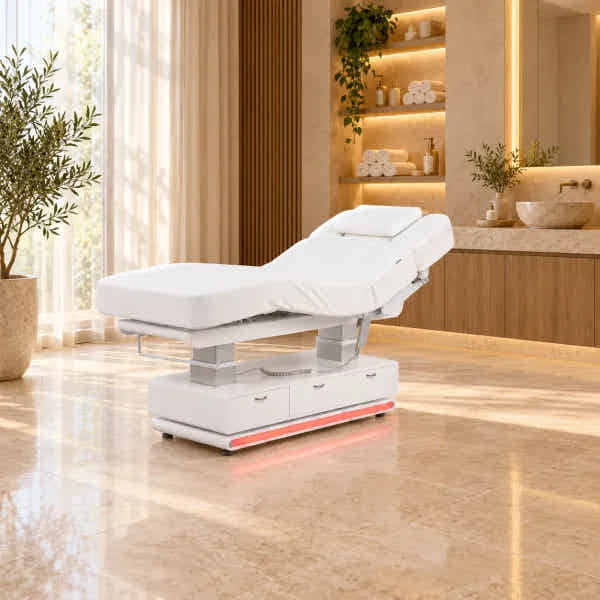 Elektrische weiße Massageliege mit Heizfunktion und Schubladen für Wellness-Studio und Praxis.
