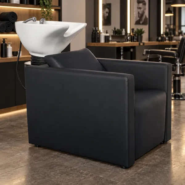 Premium Friseursessel mit elektrischer Fußstütze und weißem Rückwärtswaschbecken für Salon und Barbershop.