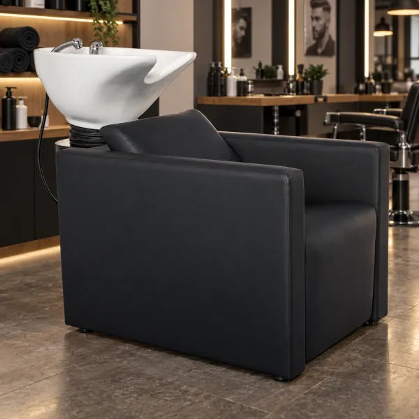 Premium Friseursessel mit elektrischer Fußstütze und weißem Rückwärtswaschbecken für Salon und Barbershop.