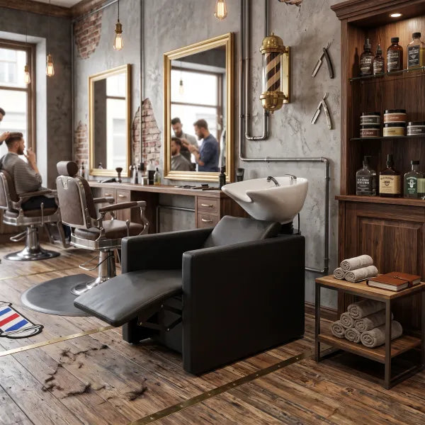 Friseurwaschbecken mit elektrischer Fußstütze und Massagefunktion im modernen Barbershop-Interieur.